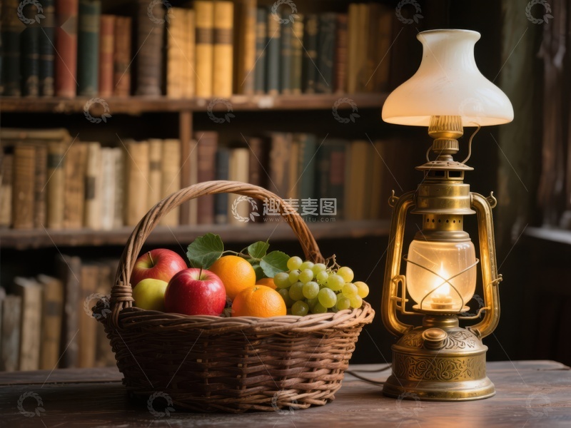 高清大图下载【趣麦麦图】复古书房里的水果篮与油灯