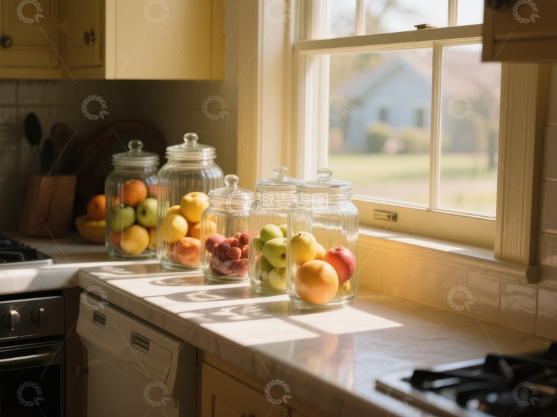 高清大图下载【趣麦麦图】厨房窗台上的水果罐