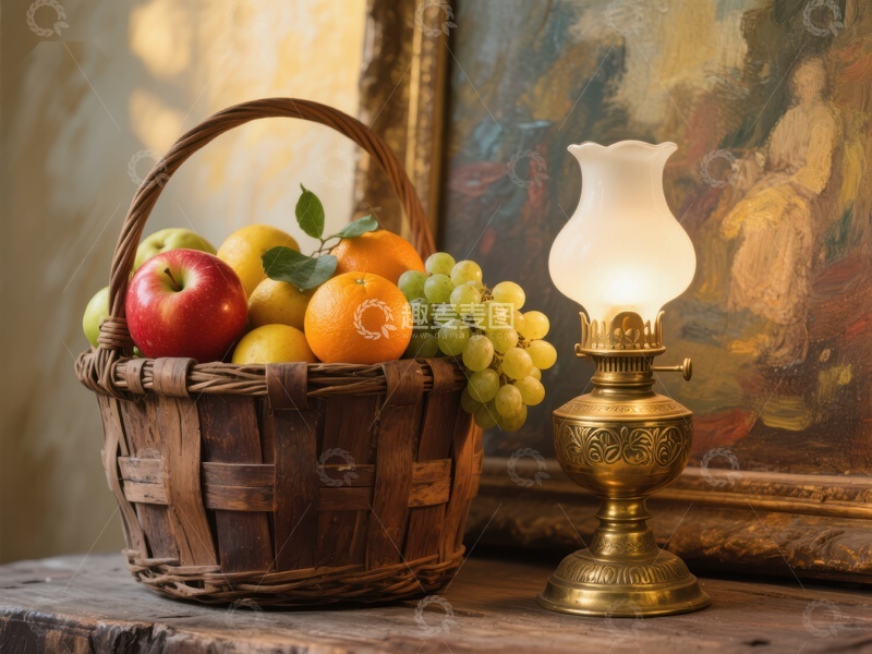 高清大图下载【趣麦麦图】水果篮与复古油灯静物