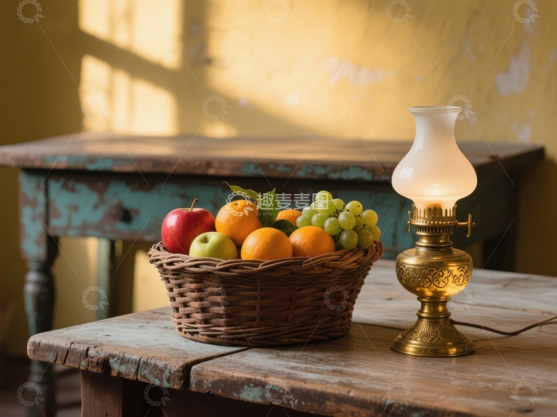 高清大图下载【趣麦麦图】复古桌上水果篮与油灯