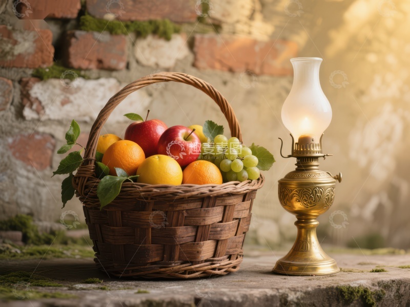 高清大图下载【趣麦麦图】篮子装满水果与古灯旁置