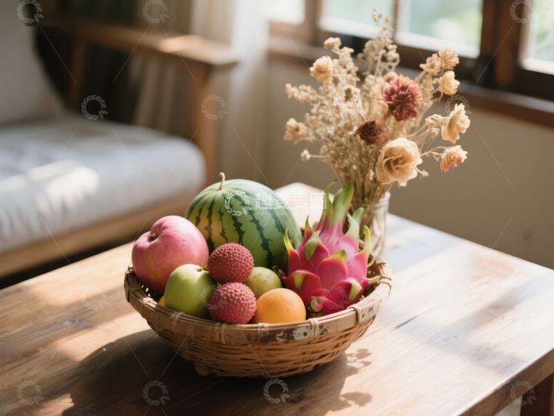 高清大图下载【趣麦麦图】水果篮与干花装饰的温馨室内场景