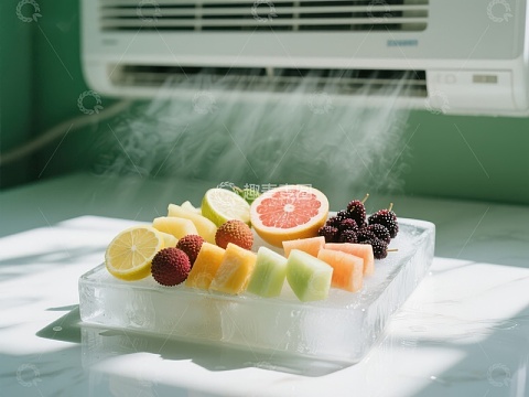 冰块上的新鲜水果与空调冷气