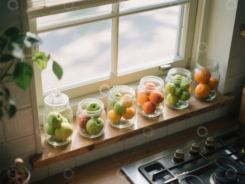 高清大图下载【趣麦麦图】窗台上的玻璃罐水果