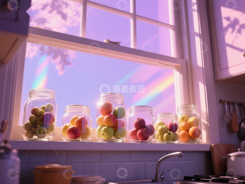 高清大图下载【趣麦麦图】窗台上的水果罐头