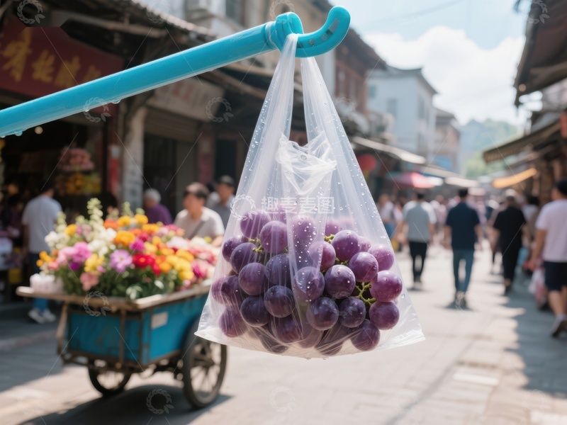 高清大图下载【趣麦麦图】-街头葡萄袋，市集花车背景