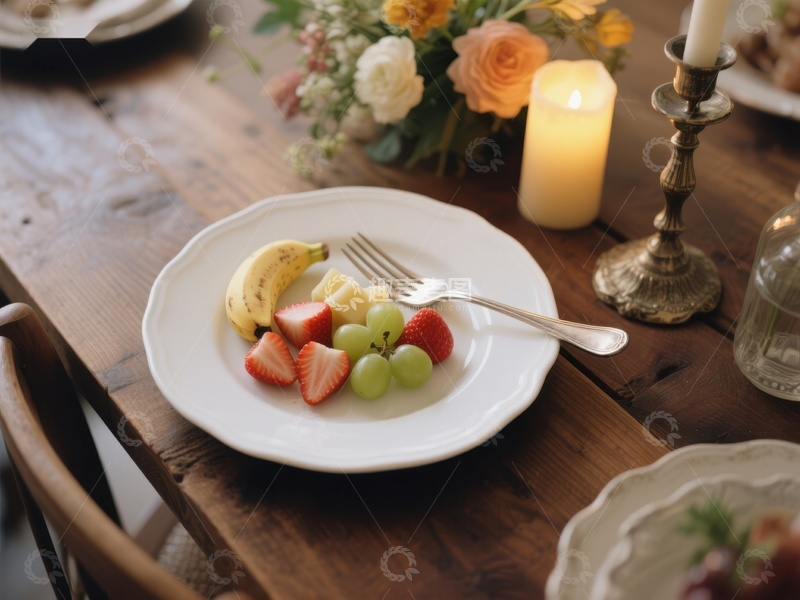 高清大图下载【趣麦麦图】餐桌上的水果拼盘与温馨烛光