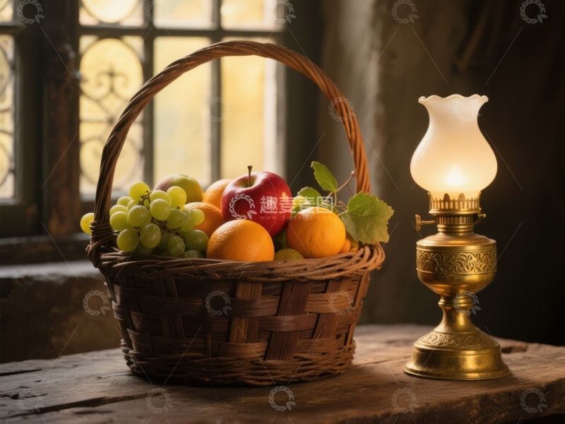 高清大图下载【趣麦麦图】复古灯旁的水果篮