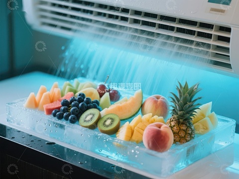 冰块上的新鲜水果与空调冷气