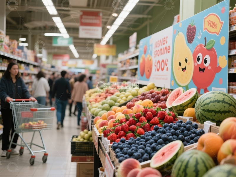 高清大图下载【趣麦麦图】超市水果区顾客选购商品