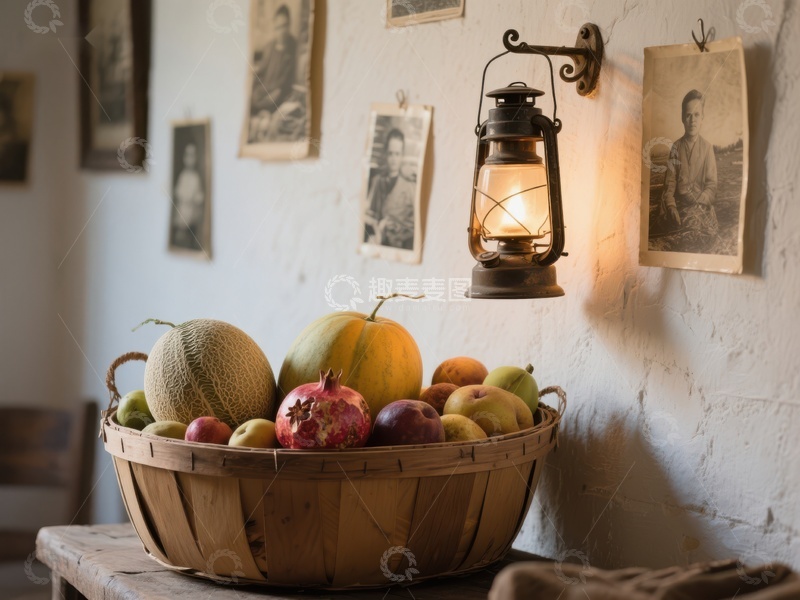 高清大图下载【趣麦麦图】复古灯下木篮盛满新鲜水果