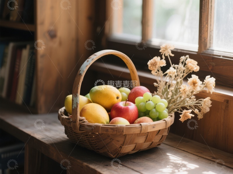 高清大图下载【趣麦麦图】窗边的水果篮与干花