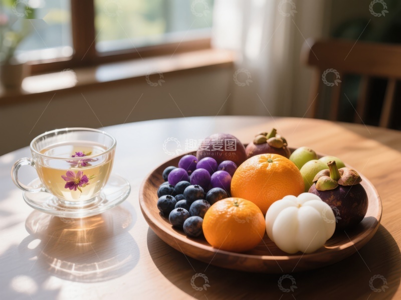 高清大图下载【趣麦麦图】水果拼盘与花茶，阳光下的清新早餐