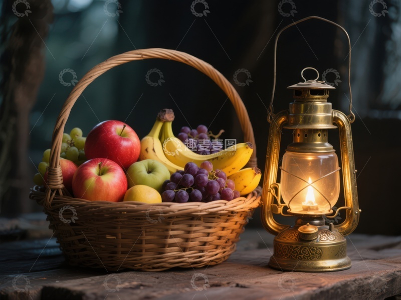 高清大图下载【趣麦麦图】果篮与古灯的静谧时光