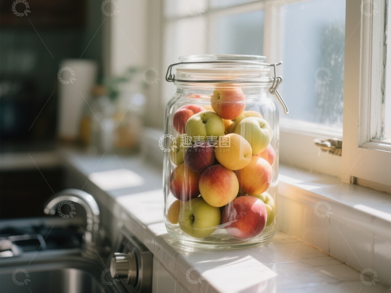 高清大图下载【趣麦麦图】窗边玻璃罐中的新鲜苹果