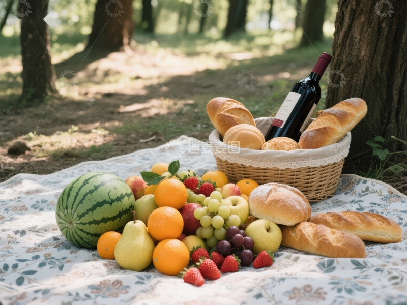 高清大图下载【趣麦麦图】林间野餐：水果面包与红酒