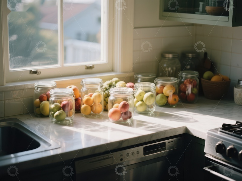 高清大图下载【趣麦麦图】阳光洒在厨房台面上的水果罐