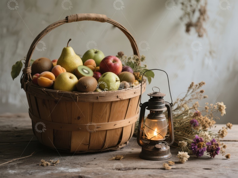 高清大图下载【趣麦麦图】秋日丰收：水果篮与复古油灯