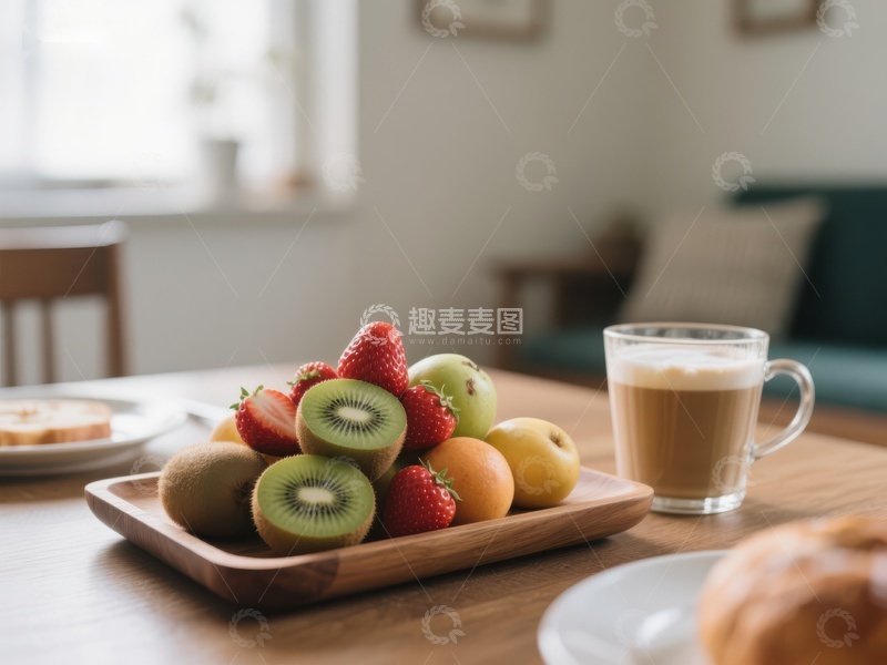 高清大图下载【趣麦麦图】-新鲜水果与热饮的早餐组合