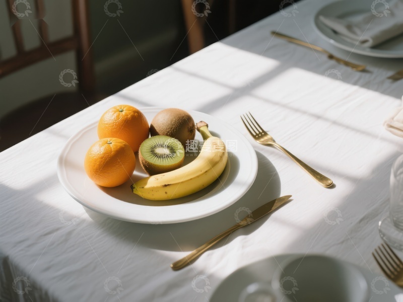 高清大图下载【趣麦麦图】水果盘与餐具在阳光下的静谧早餐