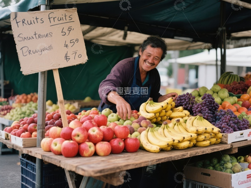 高清大图下载【趣麦麦图】水果摊前微笑的商贩