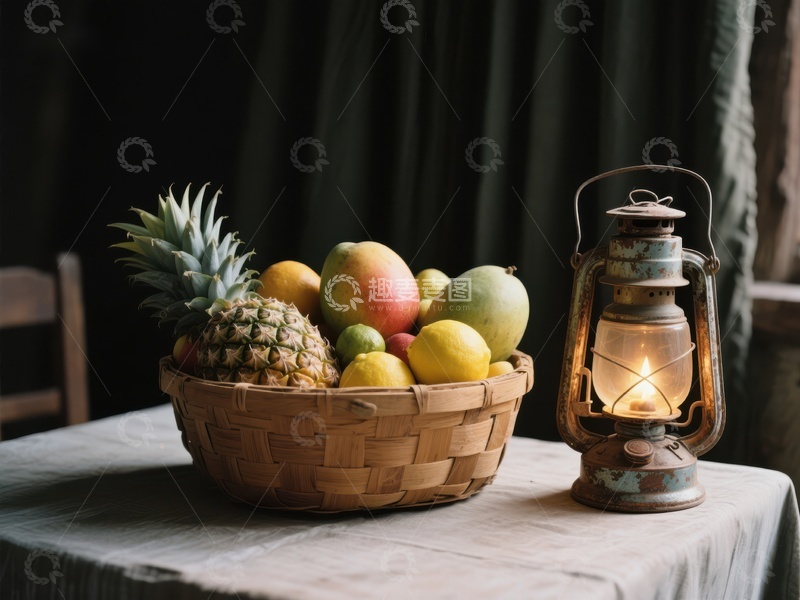 高清大图下载【趣麦麦图】水果篮与油灯的静谧场景