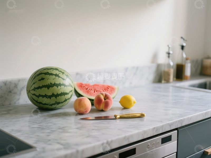 高清大图下载【趣麦麦图】厨房台面上的西瓜和水果