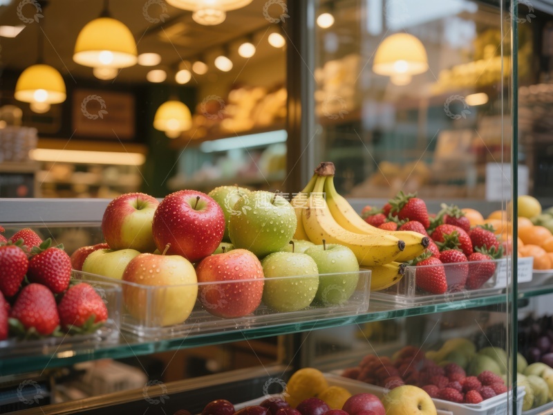 高清大图下载【趣麦麦图】新鲜水果陈列在明亮的玻璃柜中