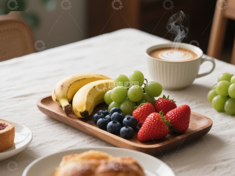 高清大图下载【趣麦麦图】早餐水果拼盘与热饮