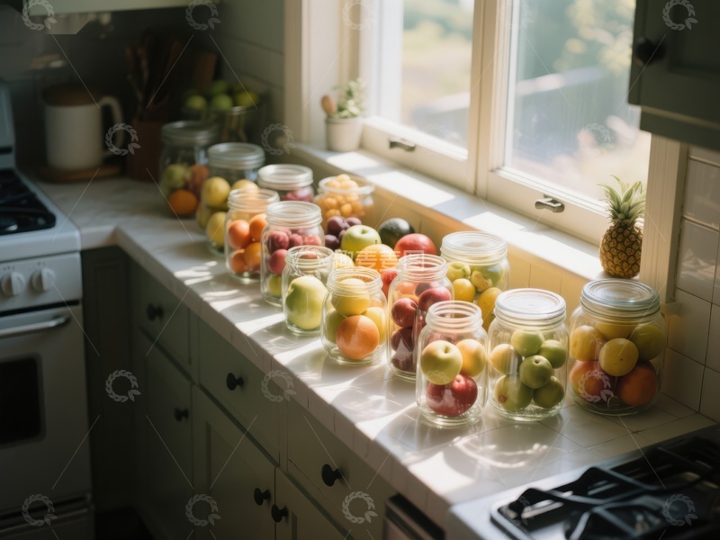 高清大图下载【趣麦麦图】厨房窗台上的水果罐头与新鲜果蔬