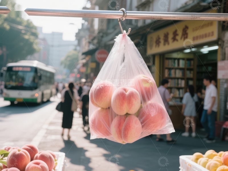 高清大图下载【趣麦麦图】街头悬挂的桃子袋