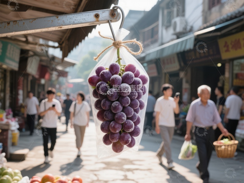 市场街景：葡萄挂售，行人穿梭
