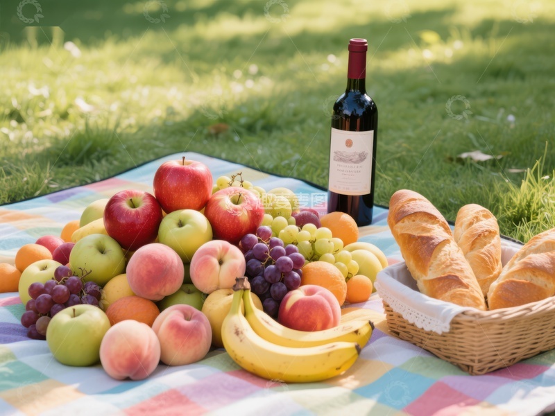 高清大图下载【趣麦麦图】户外野餐布置：水果、面包与红酒