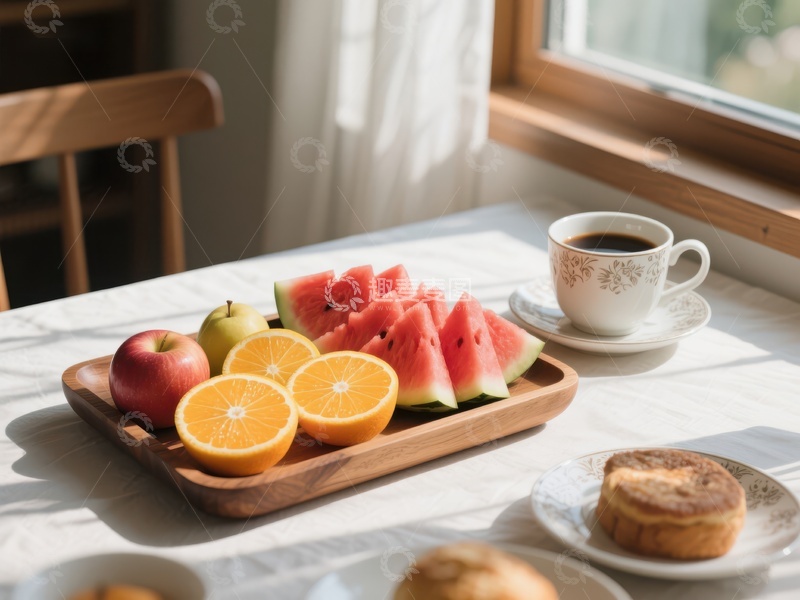 高清大图下载【趣麦麦图】早餐水果与咖啡的温馨场景