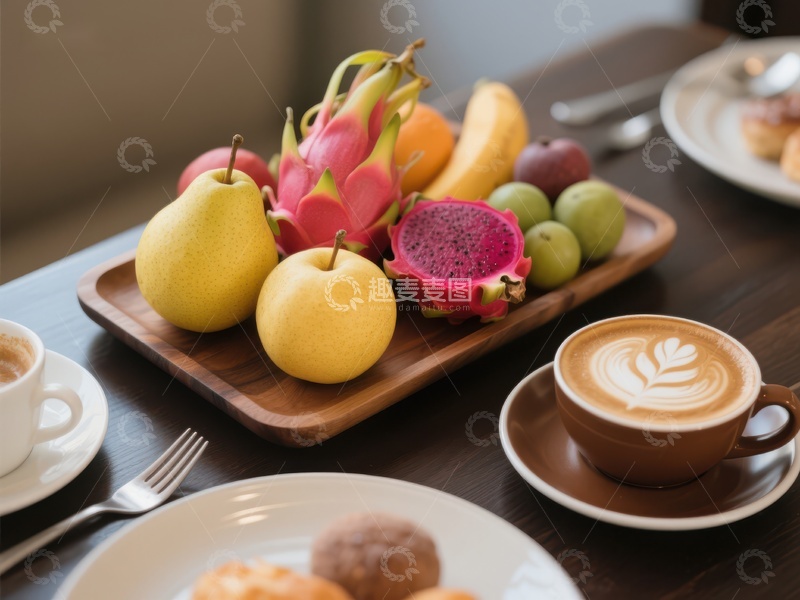 高清大图下载【趣麦麦图】精致早餐：水果拼盘与咖啡