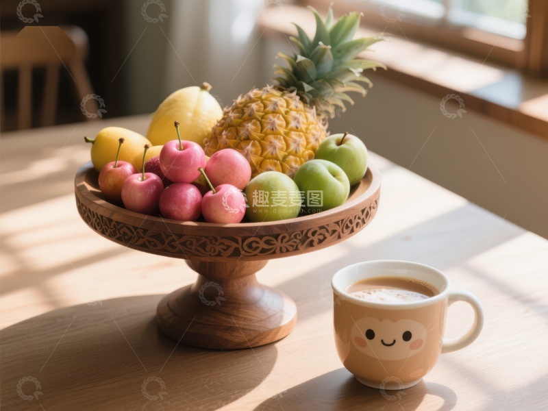 高清大图下载【趣麦麦图】水果盘与热饮的温馨早晨