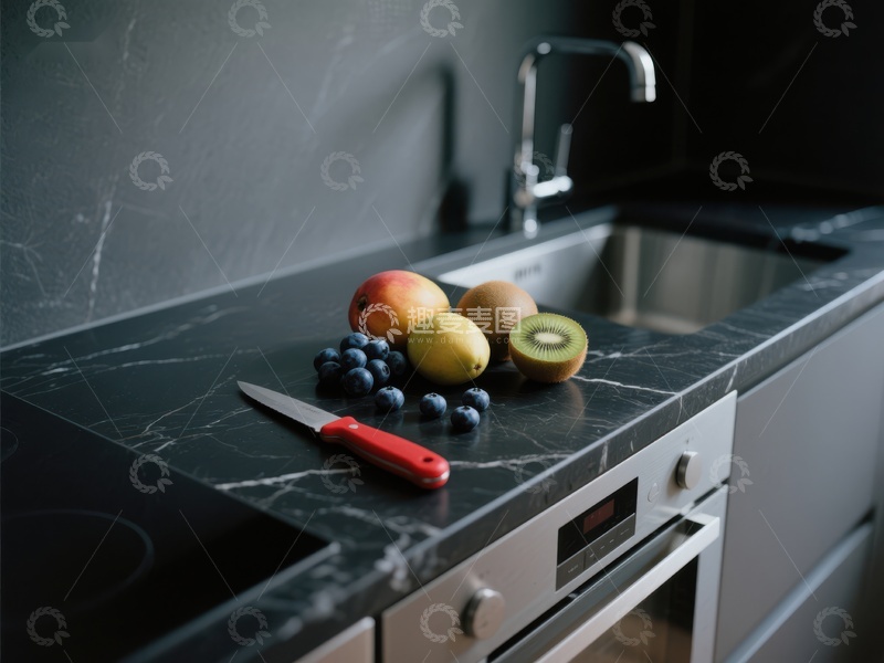 高清大图下载【趣麦麦图】现代厨房大理石台面与新鲜水果