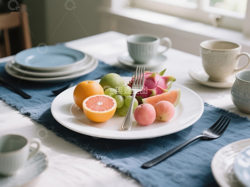 高清大图下载【趣麦麦图】早餐水果拼盘与餐具摆设