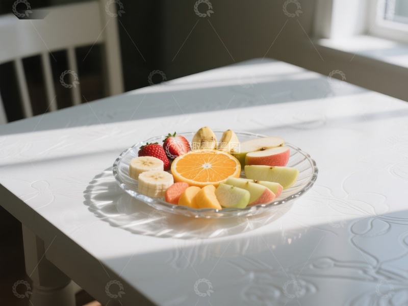 高清大图下载【趣麦麦图】新鲜水果拼盘置于白色餐桌