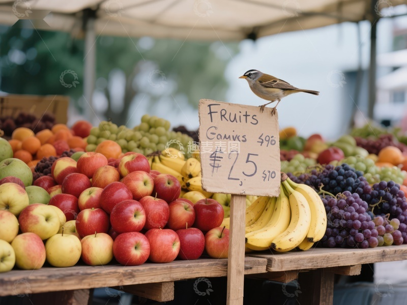 高清大图下载【趣麦麦图】市场水果摊位，小鸟停驻标牌