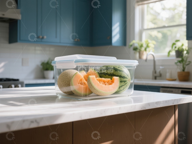 高清大图下载【趣麦麦图】厨房台面上的透明保鲜盒装有切片瓜果