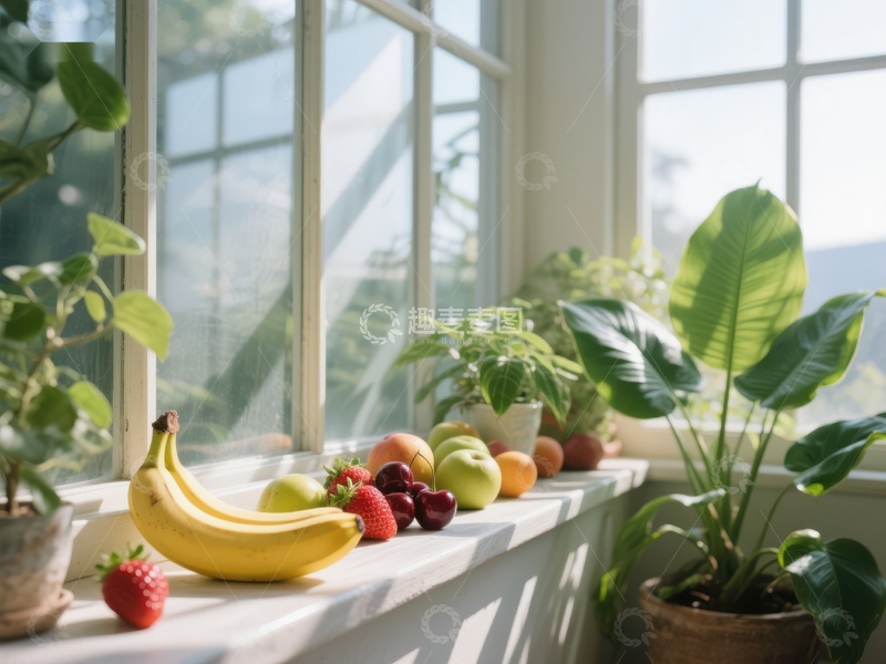 高清大图下载【趣麦麦图】窗台上的新鲜水果与绿植