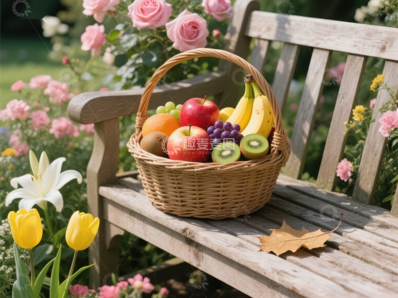 高清大图下载【趣麦麦图】花园长椅上的水果篮