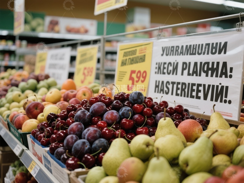 高清大图下载【趣麦麦图】超市水果区展示新鲜樱桃和梨