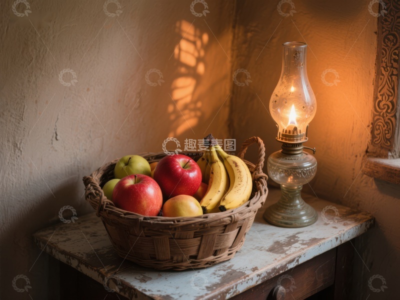 高清大图下载【趣麦麦图】果篮与油灯的温馨角落