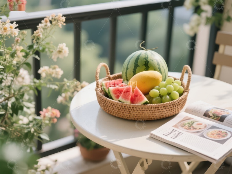 高清大图下载【趣麦麦图】阳台上的水果篮与绿植