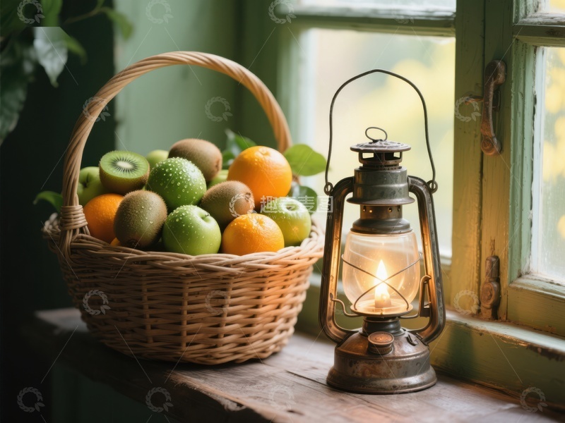 高清大图下载【趣麦麦图】篮子水果与复古油灯