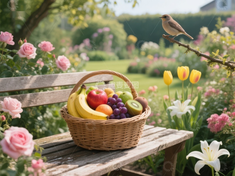 高清大图下载【趣麦麦图】花园长椅上的水果篮