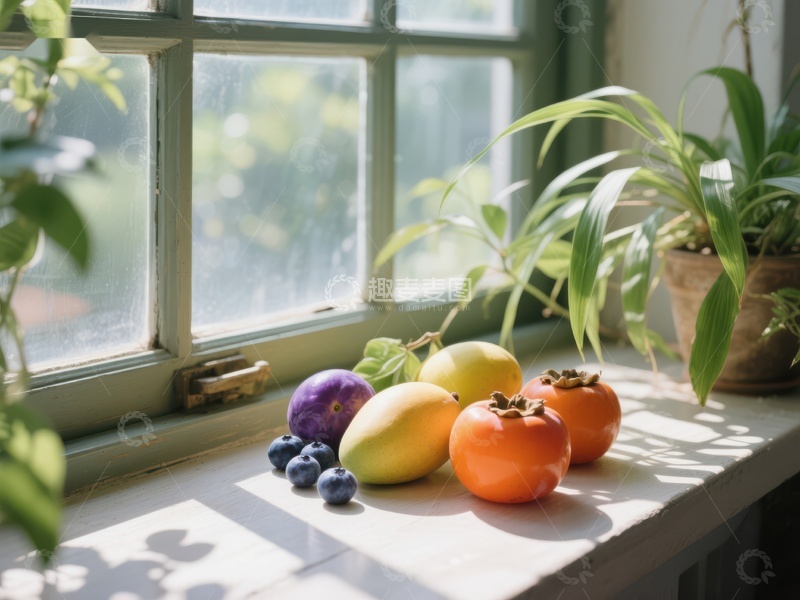 高清大图下载【趣麦麦图】窗台上的水果与绿植