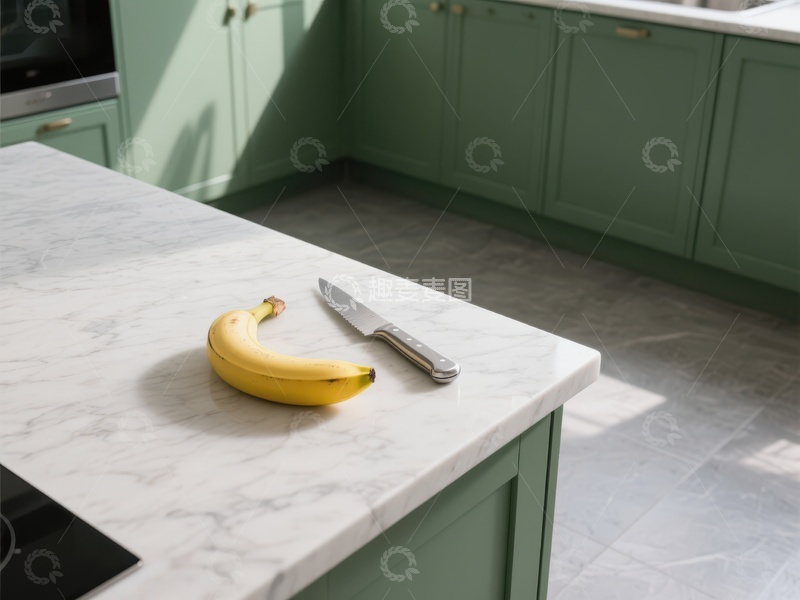高清大图下载【趣麦麦图】厨房大理石台面上的香蕉与刀具